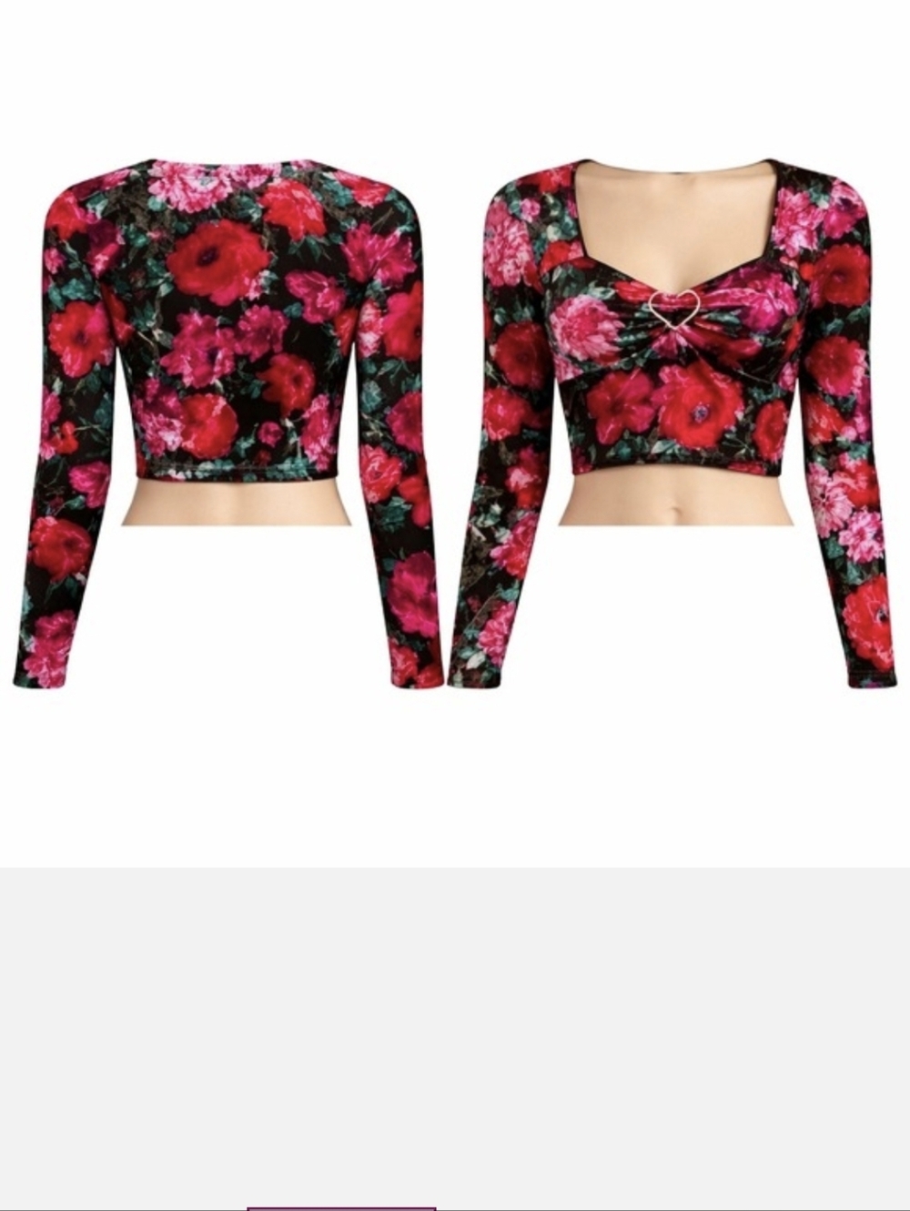 Madden NYC Floral Velvet Rhinestone Heart Long Sleeve Crop Top XXL